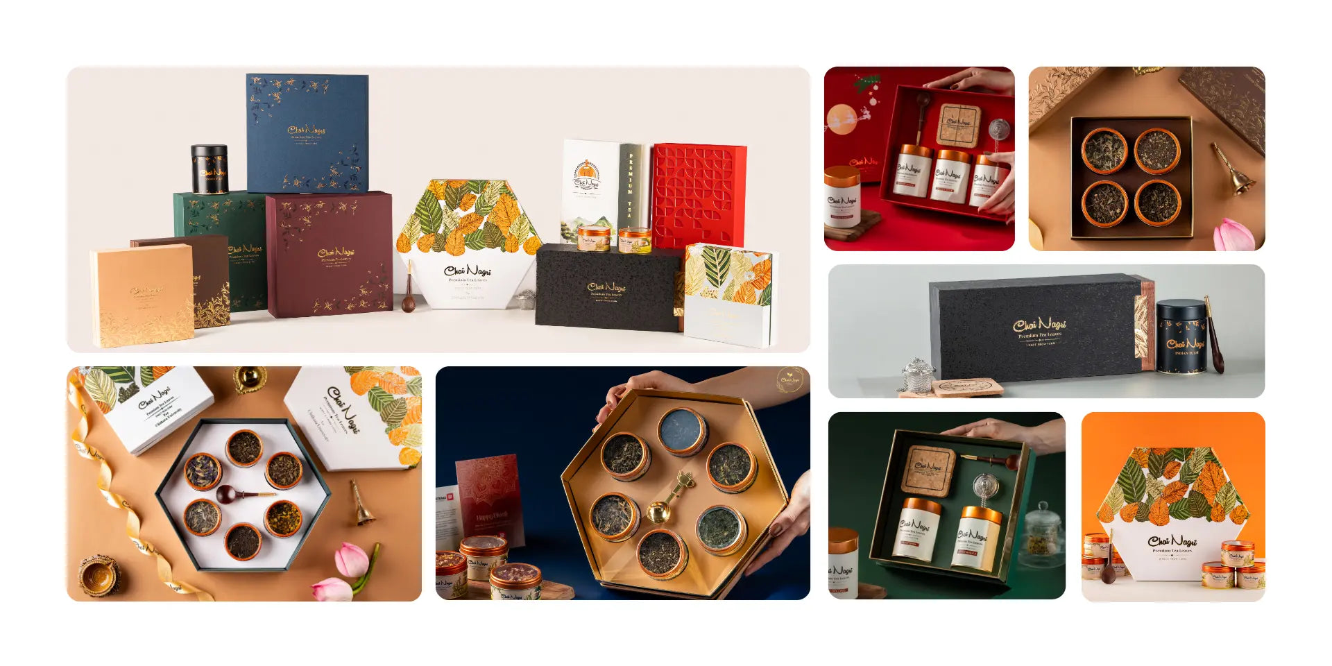 Collage of various gift boxes and product sets with a focus on luxury packaging.
